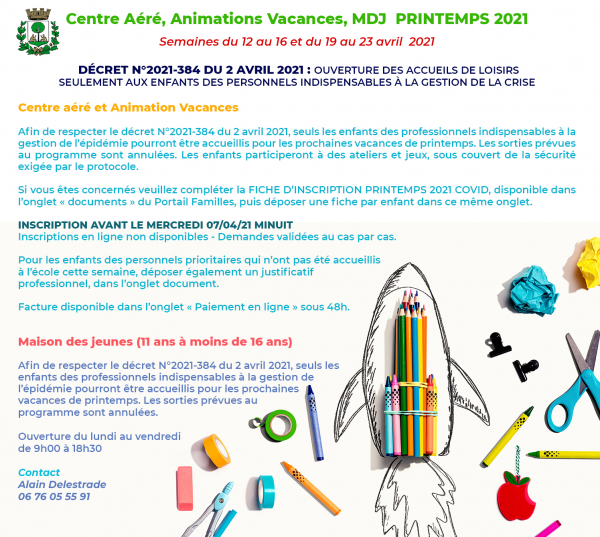 Centre Aéré, Animations Vacances et MdJ - PRINTEMPS 2021